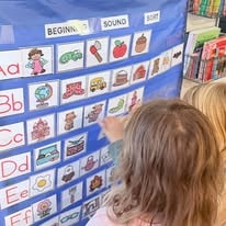 Child pointing at letter-sound picture cards on a classroom alphabet chart